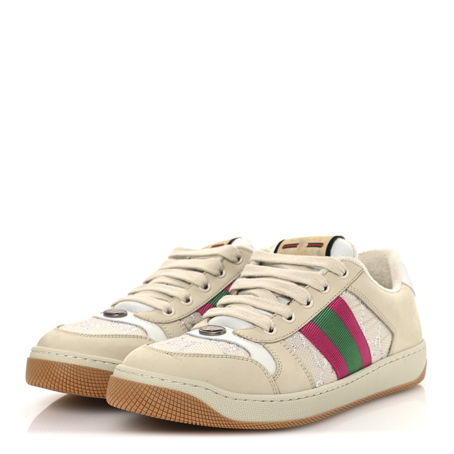 Gucci Calfskin Lame GG Monogram Web Womens Screener Sneakers 39 Gardenia Silver Dusty Milk White 4 of 14