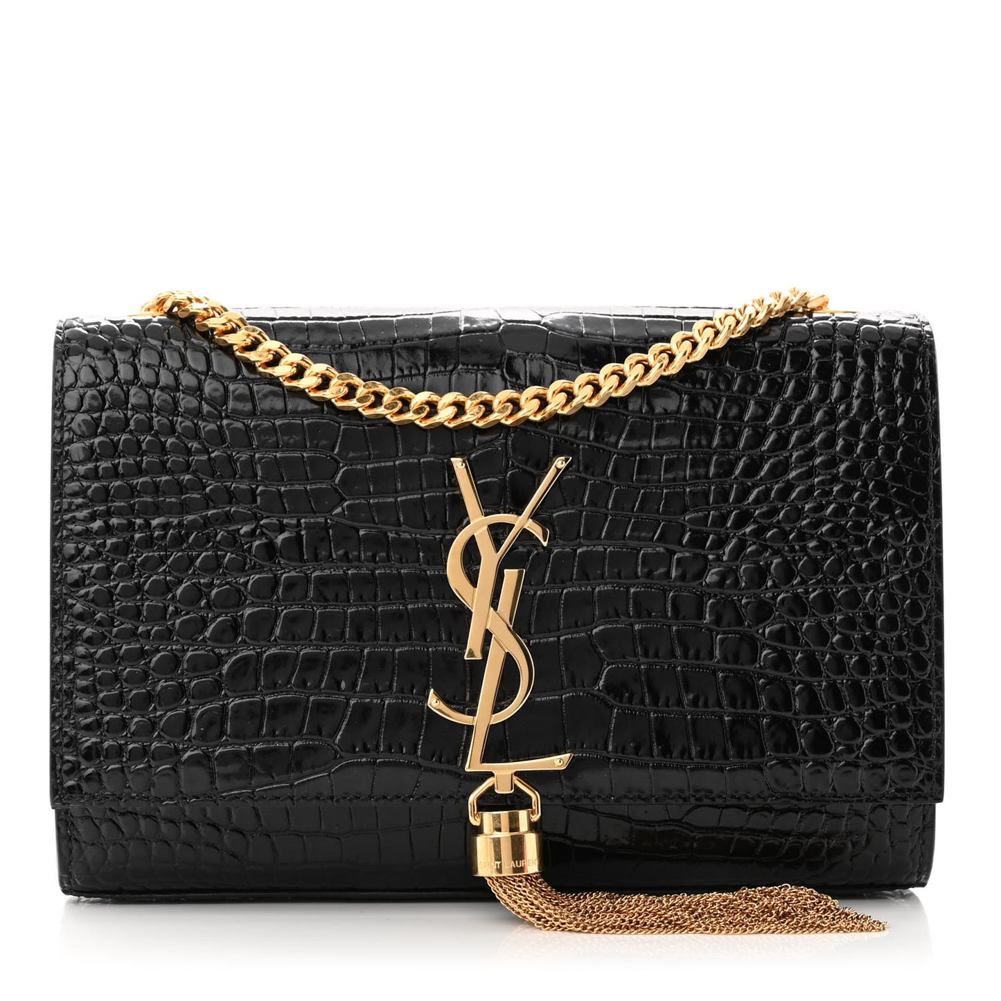 Calfskin Crocodile Embossed Small Classic Monogram Kate Tassel Satchel Black