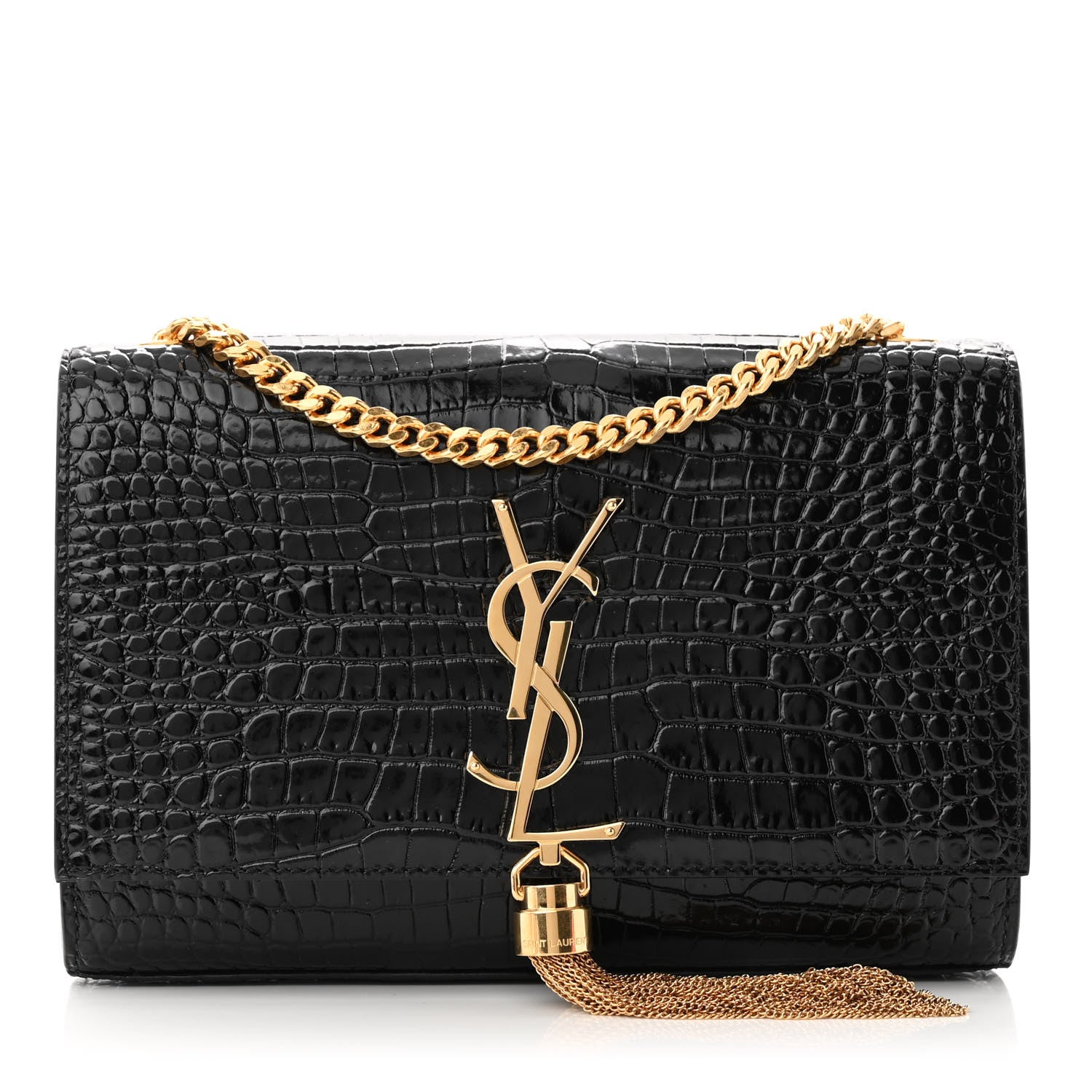 Saint Laurent Calfskin Crocodile Embossed Small Classic Monogram Kate Tassel Satchel Black 1 of 10