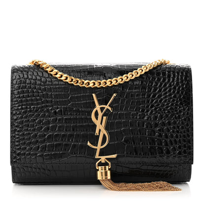 Saint Laurent Calfskin Crocodile Embossed Small Classic Monogram Kate Tassel Satchel Black 1 of 10