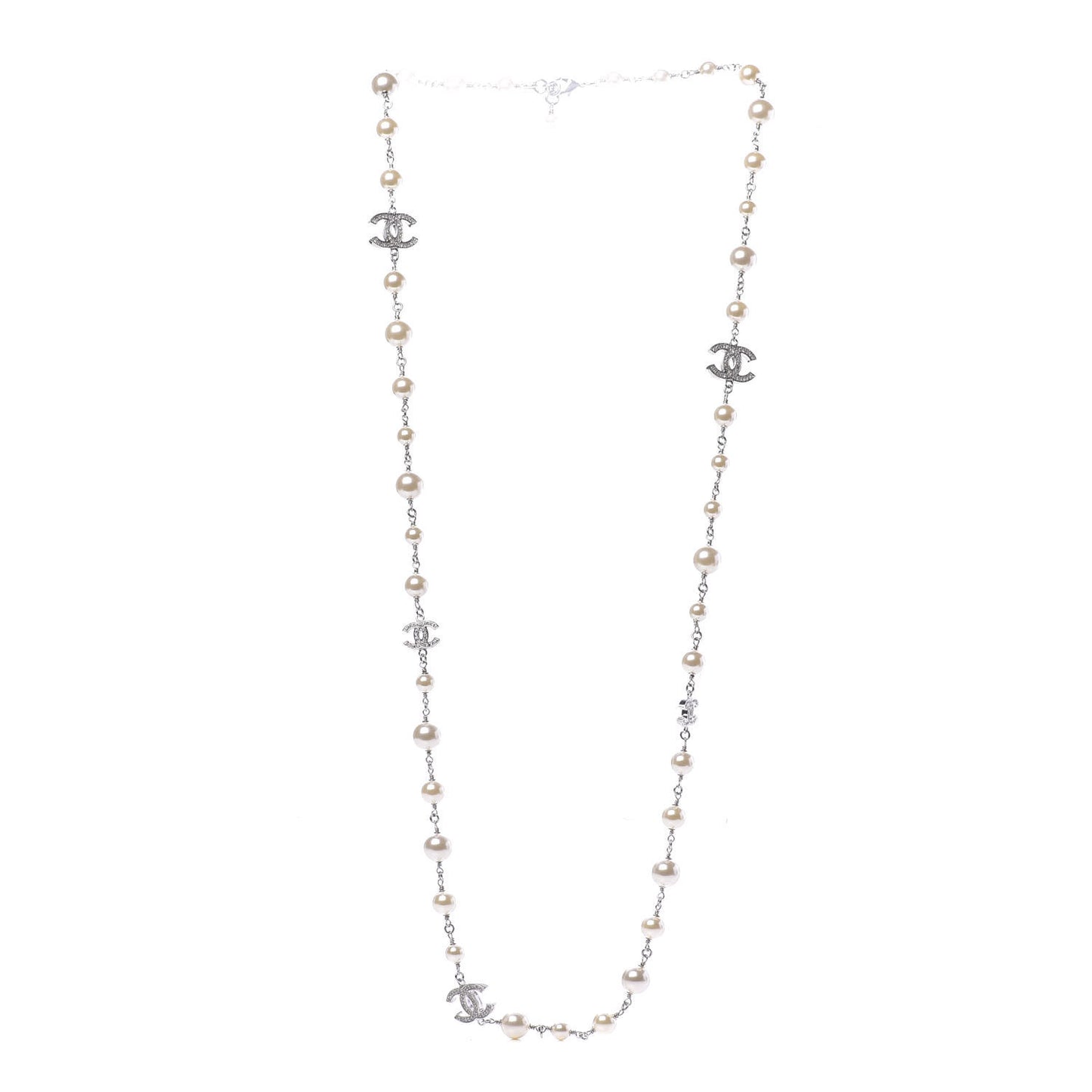Graduated Pearl Crystal CC Long Necklace Silver