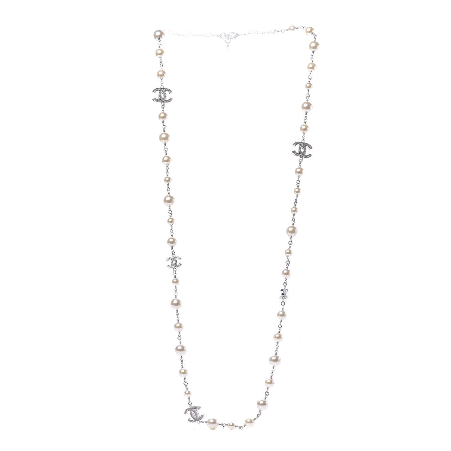 Chanel Graduated Pearl Crystal CC Long Necklace Silver 3 of 6