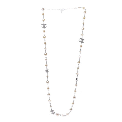 Chanel Graduated Pearl Crystal CC Long Necklace Silver 3 of 6