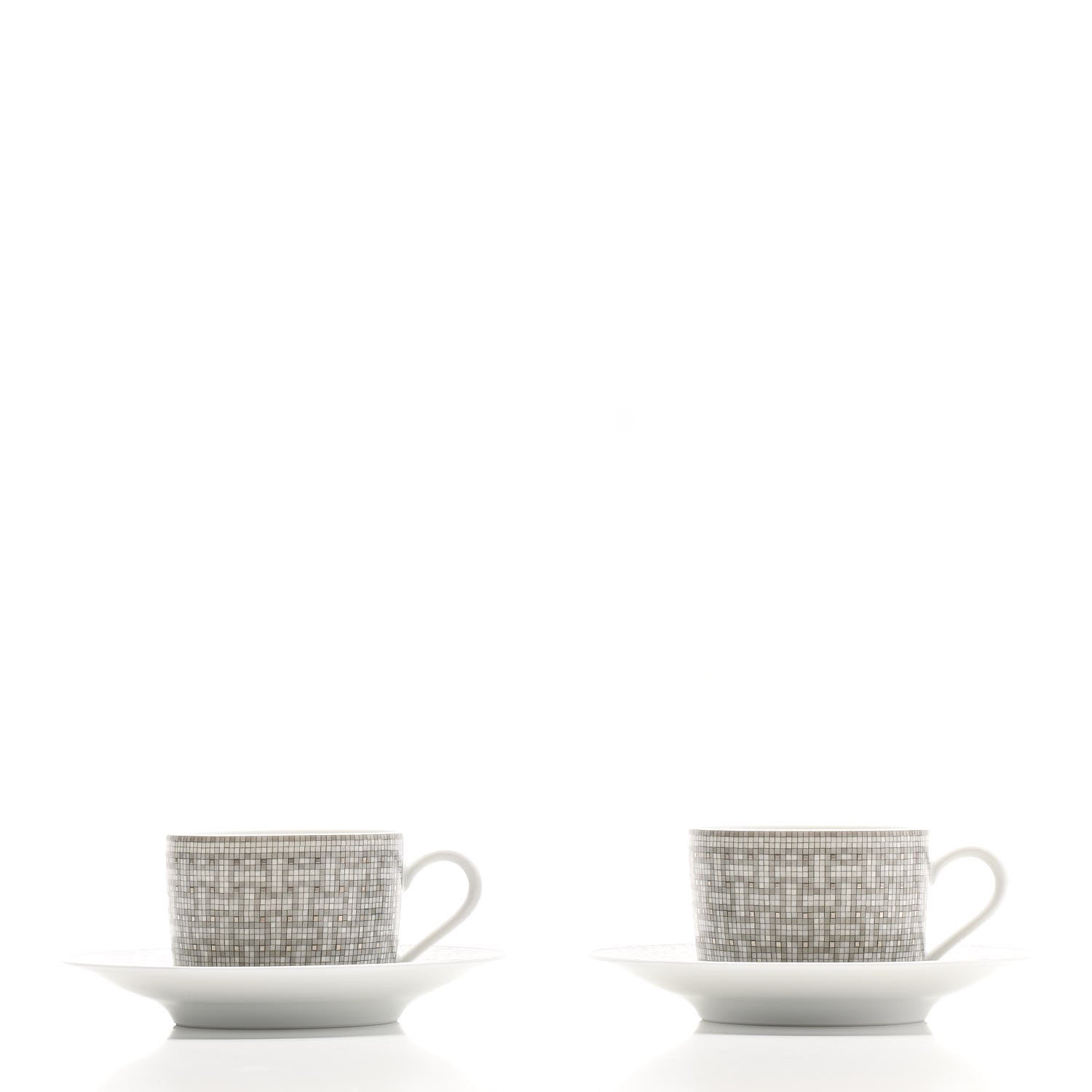 Hermes Porcelain Mosaique Au 24 Platine Tea Cup And Saucer Set Of 2 Platinum 3 of 7