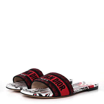 Christian Dior Canvas Cupidon Embroidered Dway Flat Slide Sandals 39.5 Black Red 3 of 9