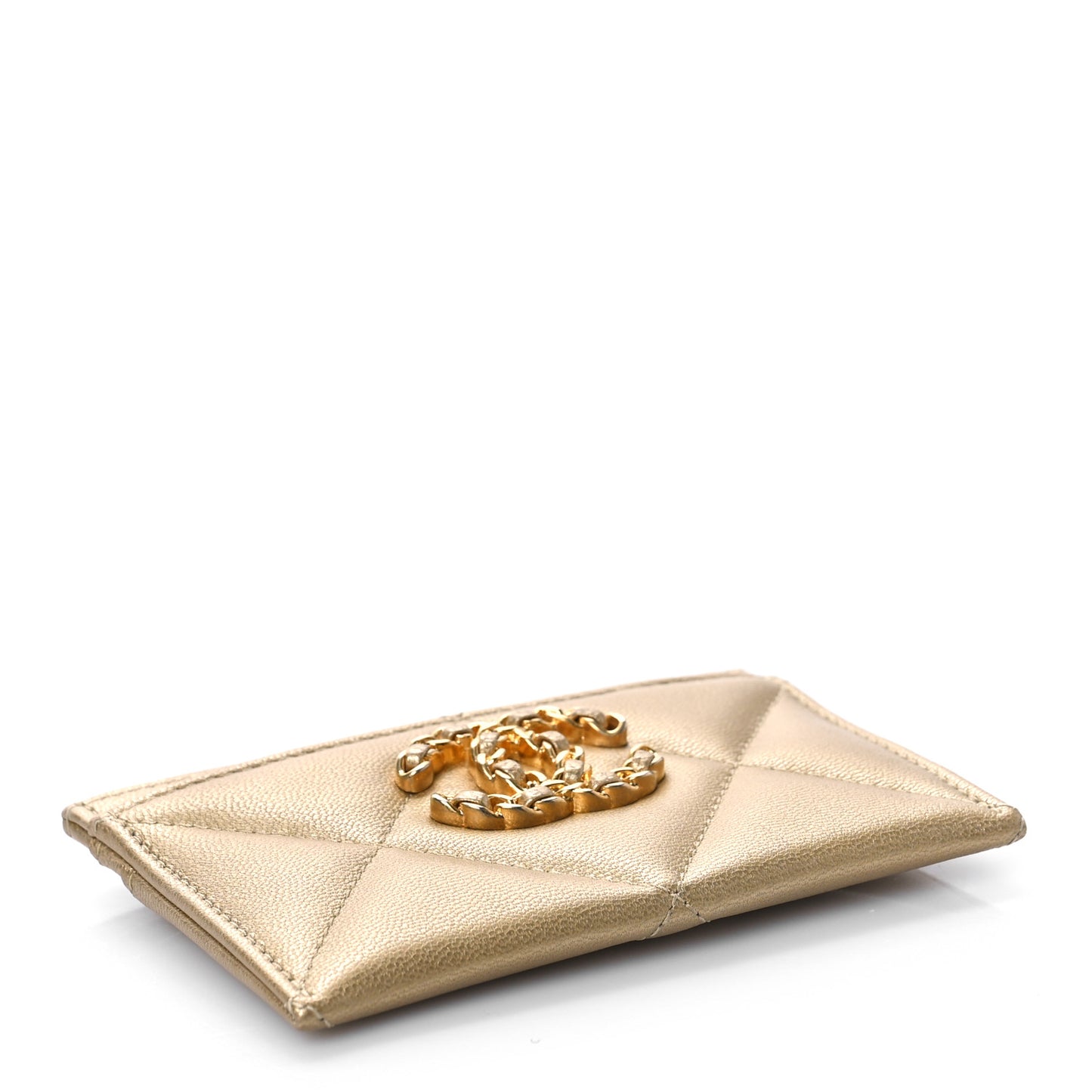 Metallic Lambskin Quilted Chanel 19 Card Holder Gold