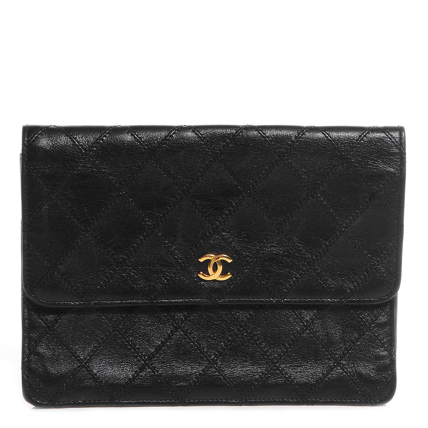 Leather Diamond Stitch Compact Wallet Black