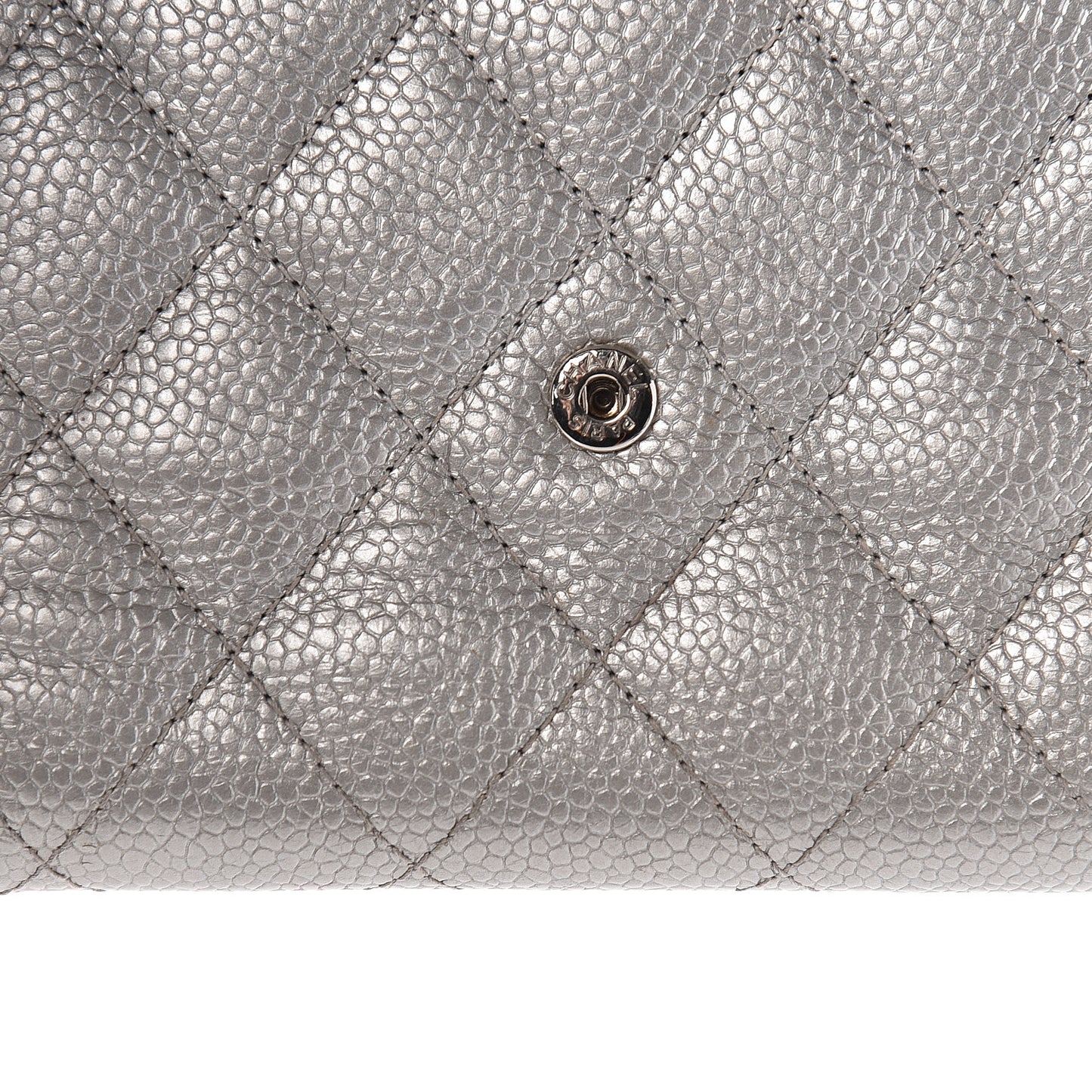 Metallic Caviar Quilted Compact Flap Wallet Silver