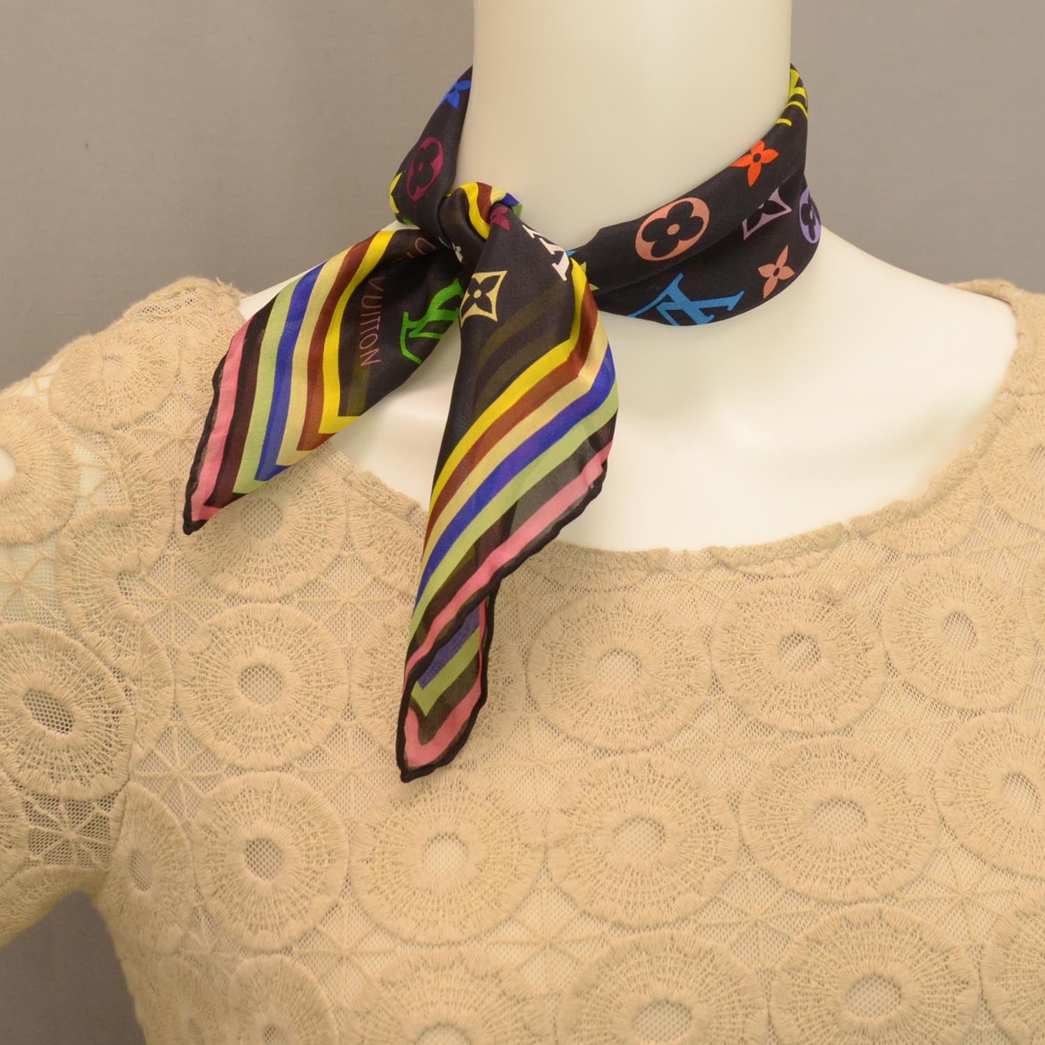 Louis Vuitton Silk Monogram Multicolor Square Scarf Black 2 of 4