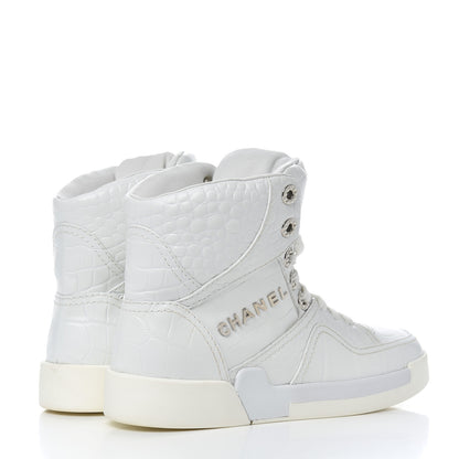 Chanel Calfskin Crocodile Embossed Cocodile High Top Sneakers 36 White 4 of 14