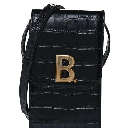 Balenciaga Shiny Calfskin Crocodile Embossed B Phone Holder Black 7 of 10