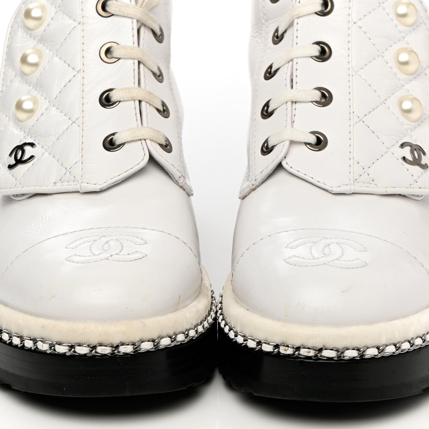 Chanel Crackled Calfskin Pearl Chain CC Combat Short Boots 37 White 6 of 13