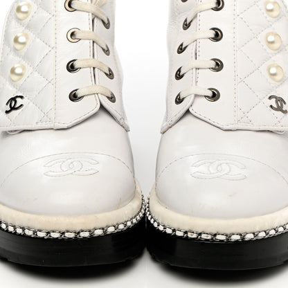Chanel Crackled Calfskin Pearl Chain CC Combat Short Boots 37 White 6 of 13