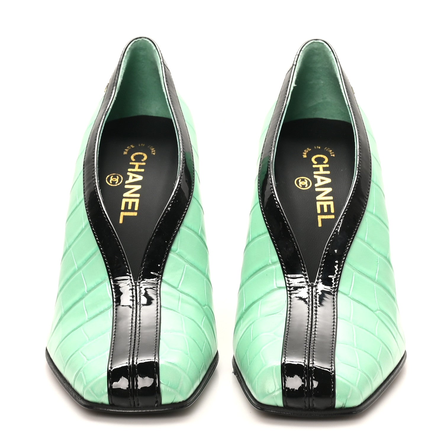 Chanel Crocodile Embossed Patent Calfskin Pumps 39.5 Green Black 3 of 10