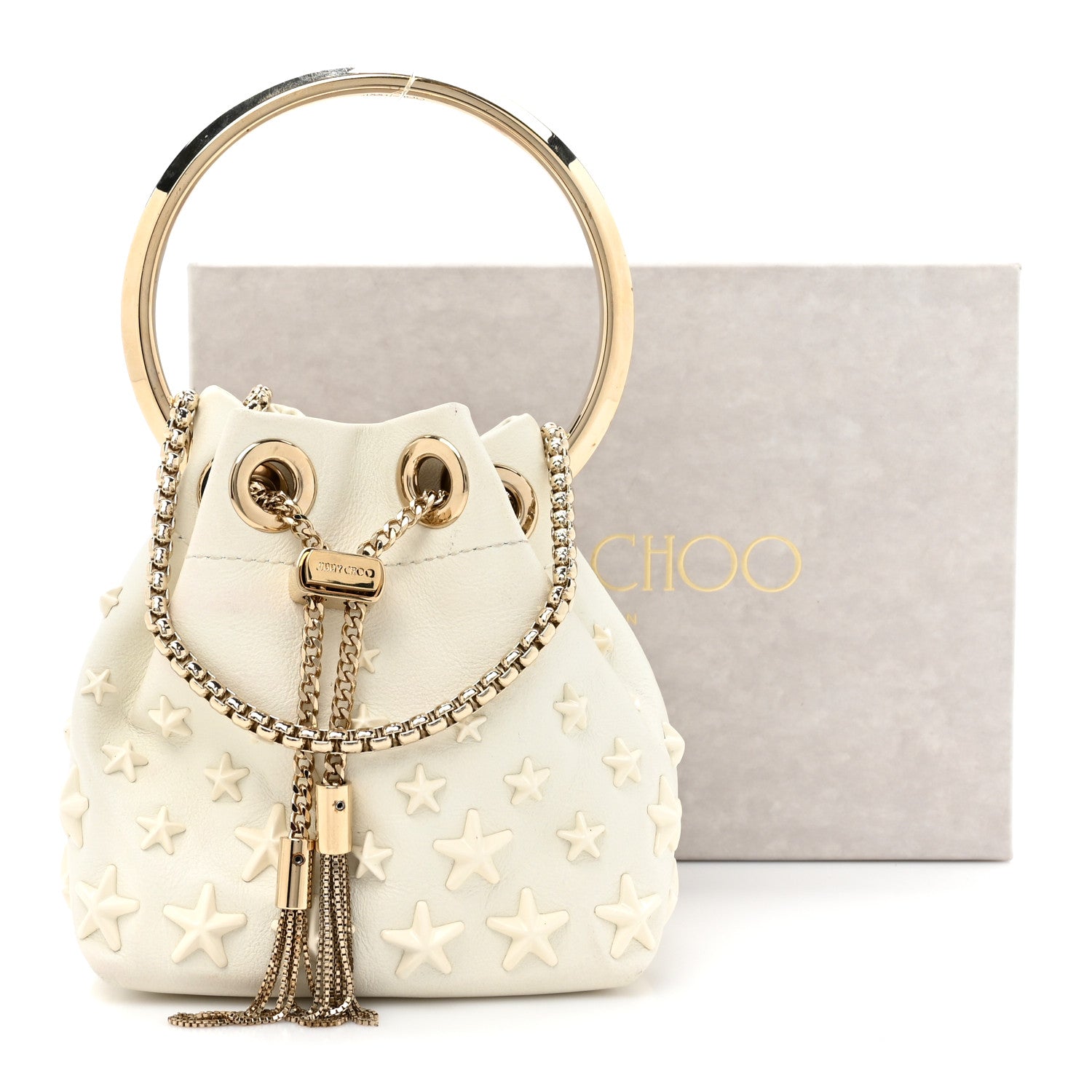 Jimmy Choo Goatskin Micro Star Studded Bon Bon Bucket Bag White