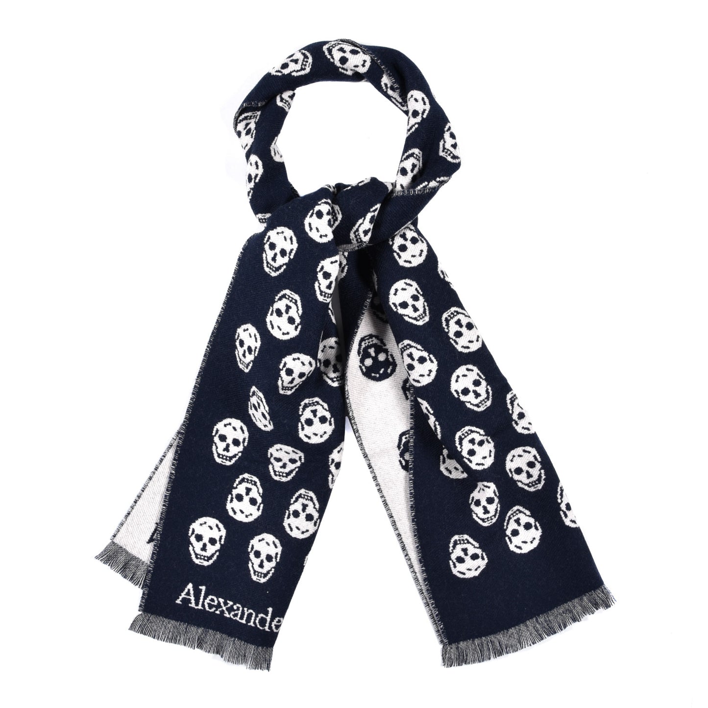 Wool Reversible Upside Down Skull Scarf Navy White