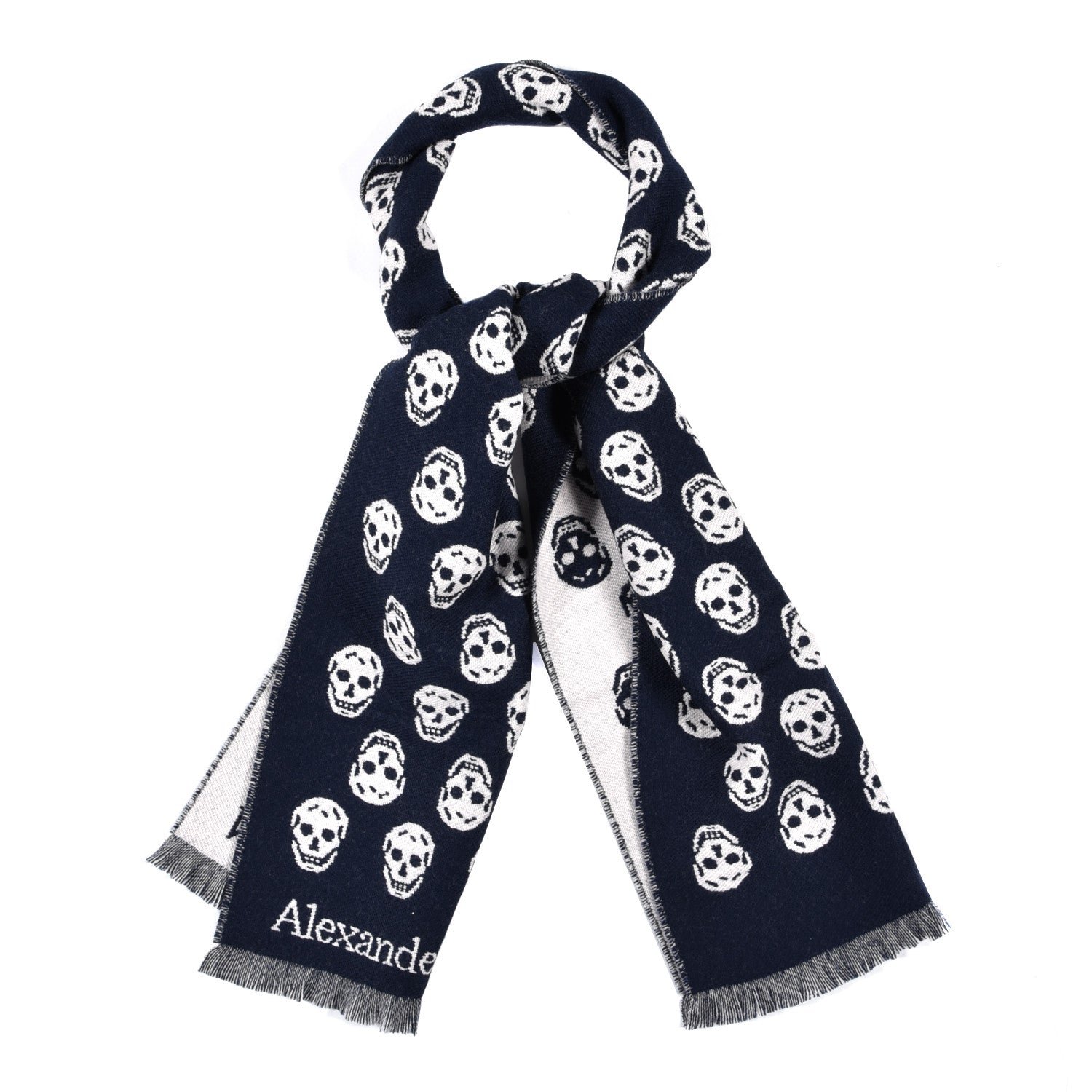 Alexander McQueen Wool Reversible Upside Down Skull Scarf Navy White 1 of 5
