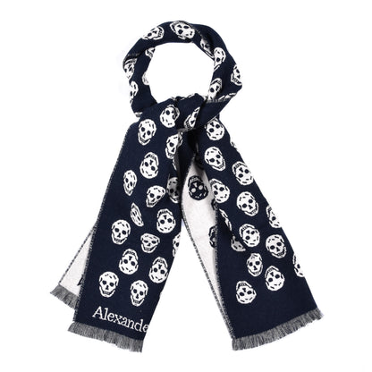 Alexander McQueen Wool Reversible Upside Down Skull Scarf Navy White 1 of 5