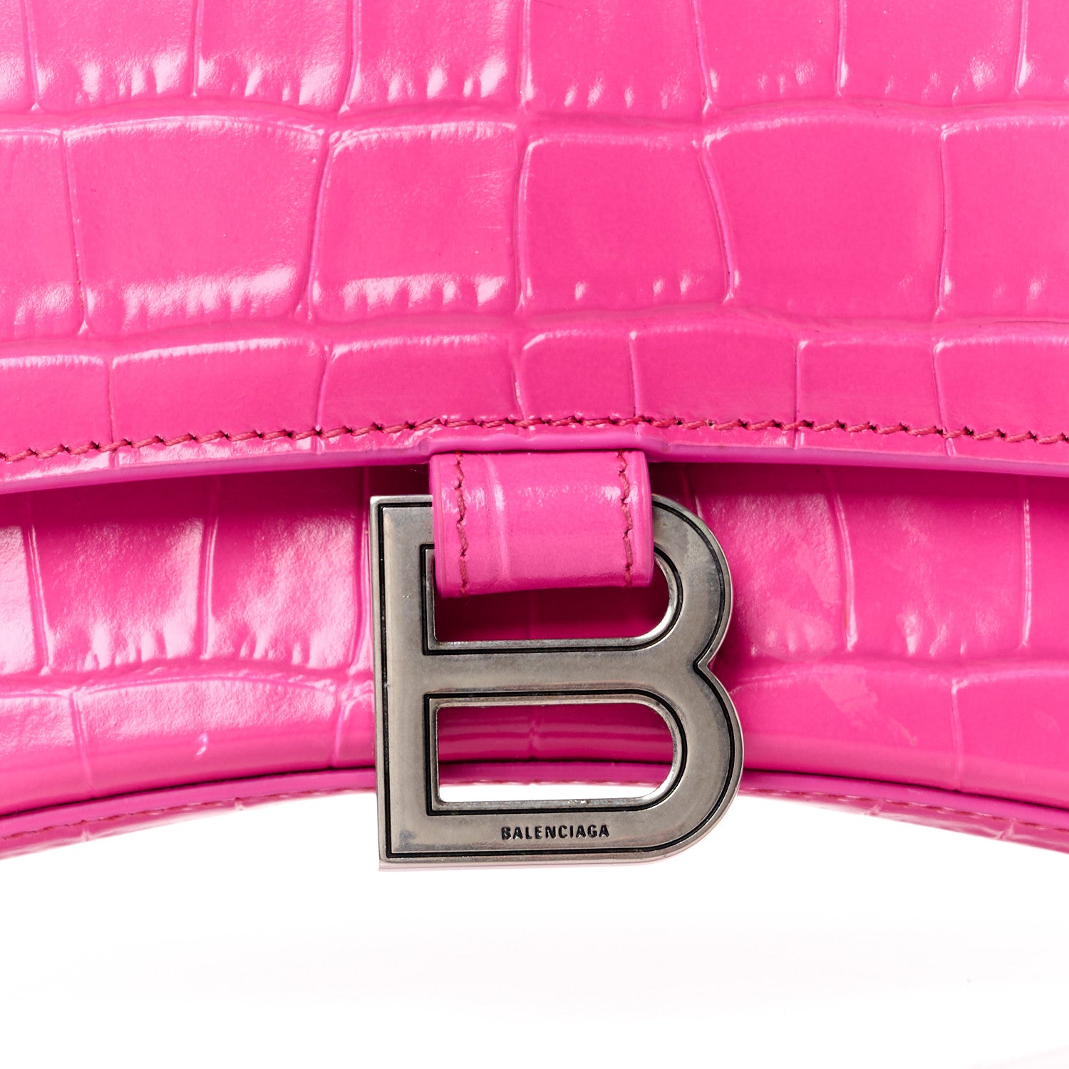 Balenciaga Shiny Calfskin Crocodile Embossed Small Hourglass Top Handle Bag Fuchsia 8 of 12