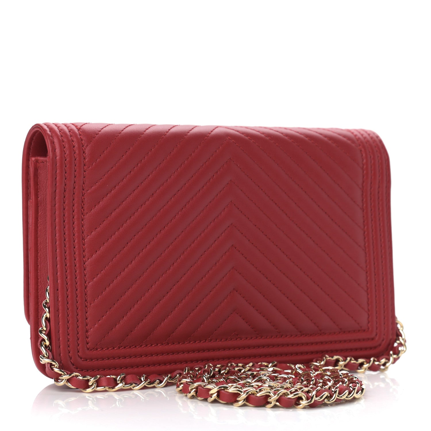 Chanel Lambskin Chevron Quilted Boy Wallet On Chain WOC Red 3 of 13
