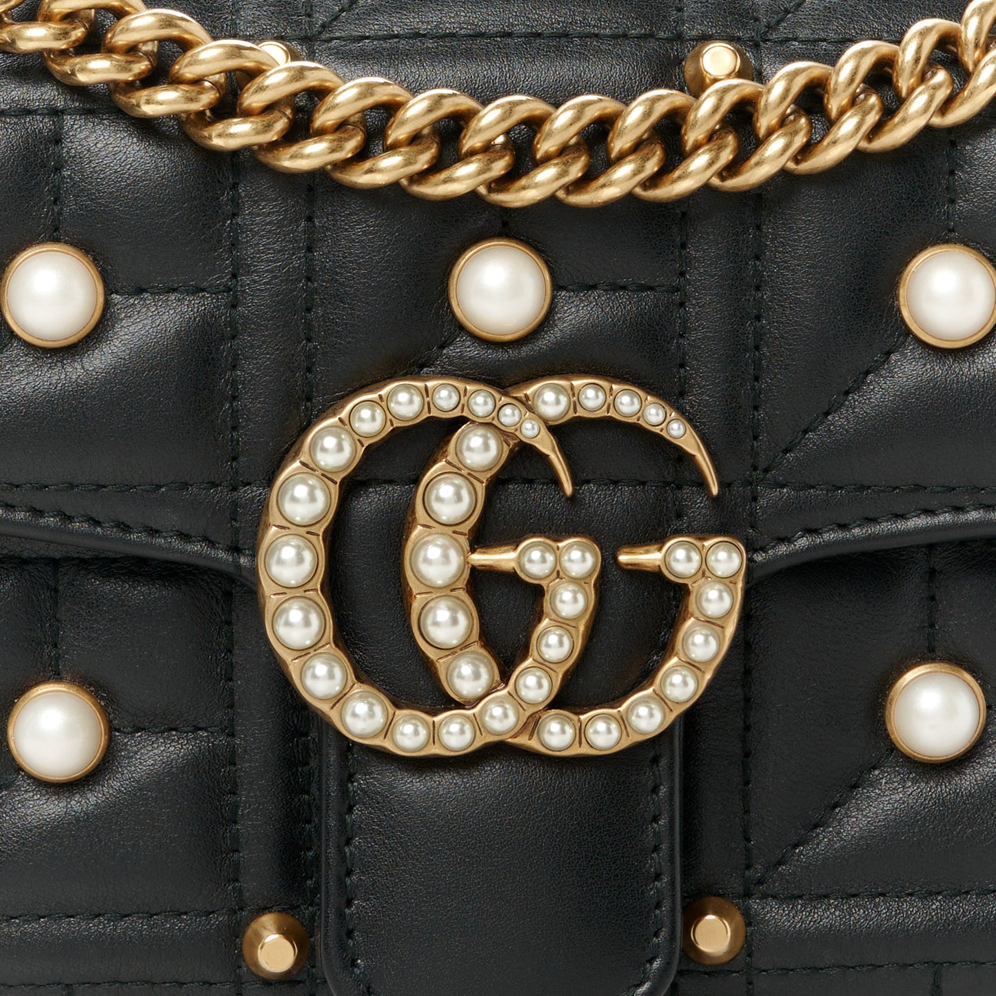 Calfskin Matelasse Studded Mini Pearly GG Marmont Shoulder Bag Black