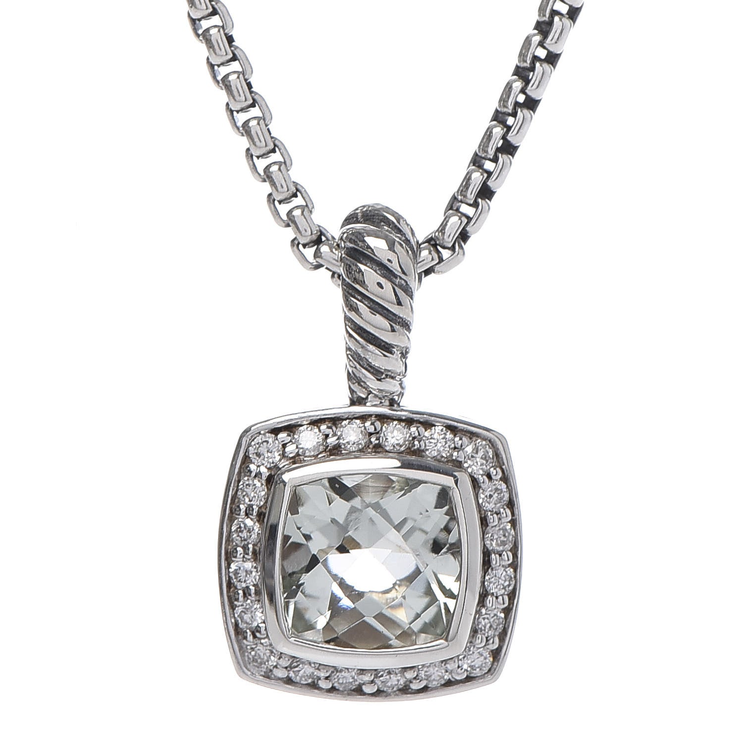 David Yurman Sterling Silver Diamond Prasiolite 7mm Petite Albion Pendant Necklace 4 of 7