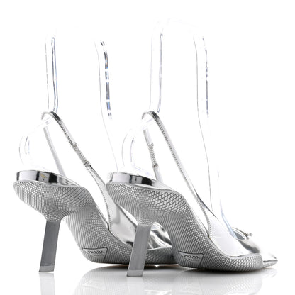 Prada Spazzolato Triangle Logo Pointed Toe 45mm Slingback Pumps 40 Argento 4 of 9