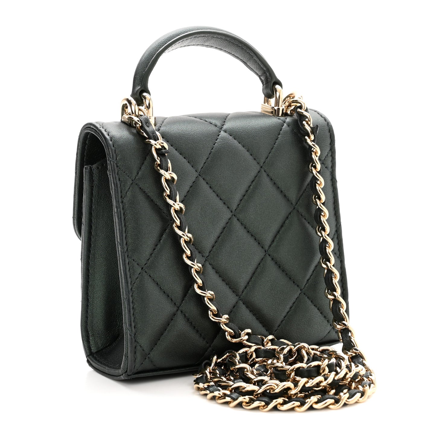 Iridescent Lambskin Quilted Top Handle Clutch With Chain Dark Green