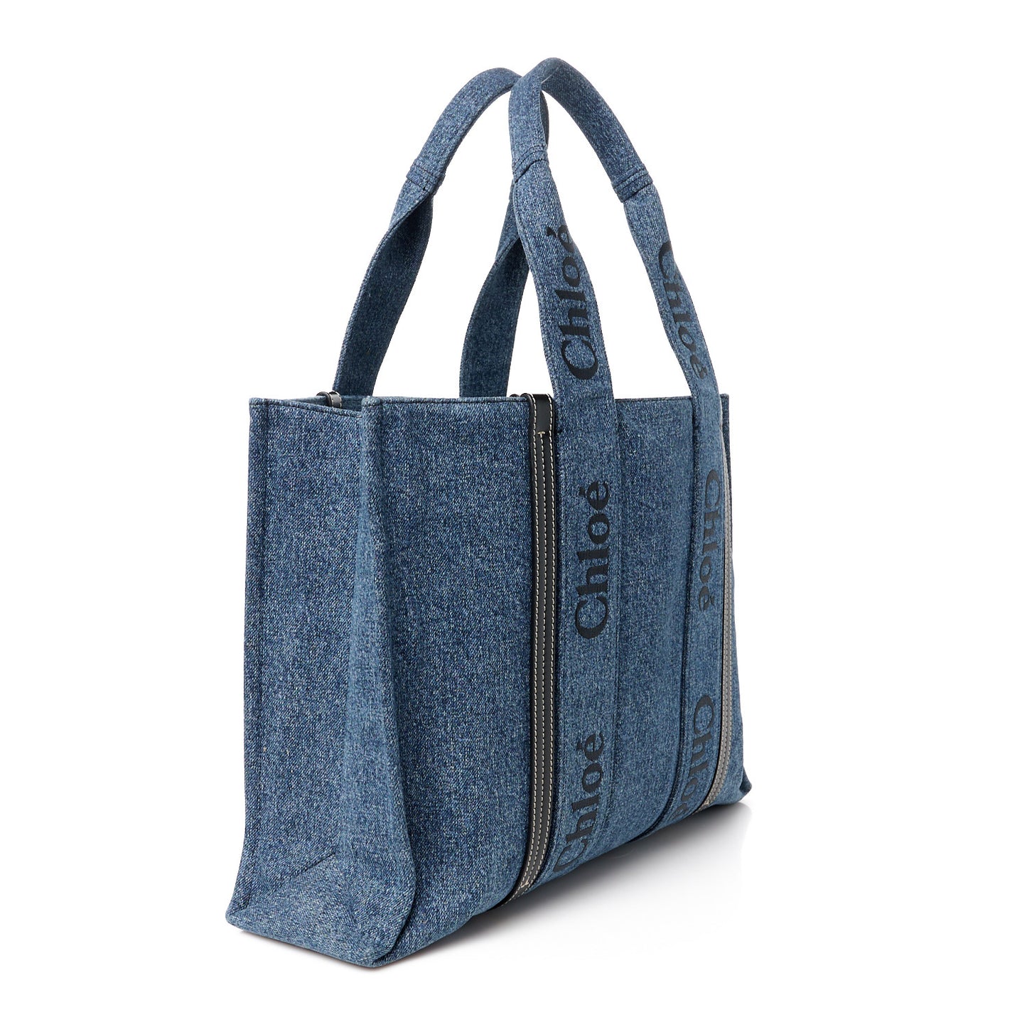 Denim Calfskin Large Woody Ribbon Tote Blue
