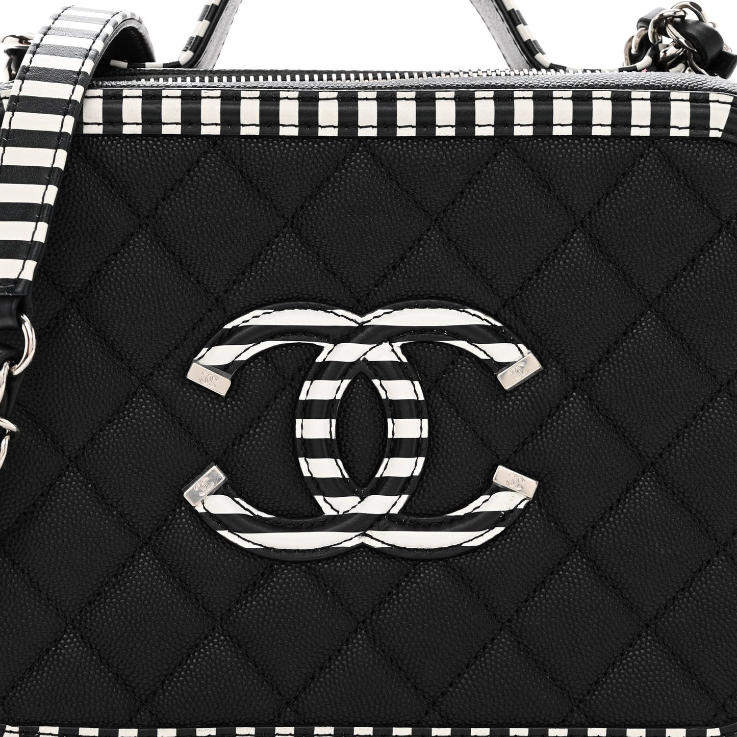Caviar Quilted Striped Medium CC Filigree Vanity Case Black White