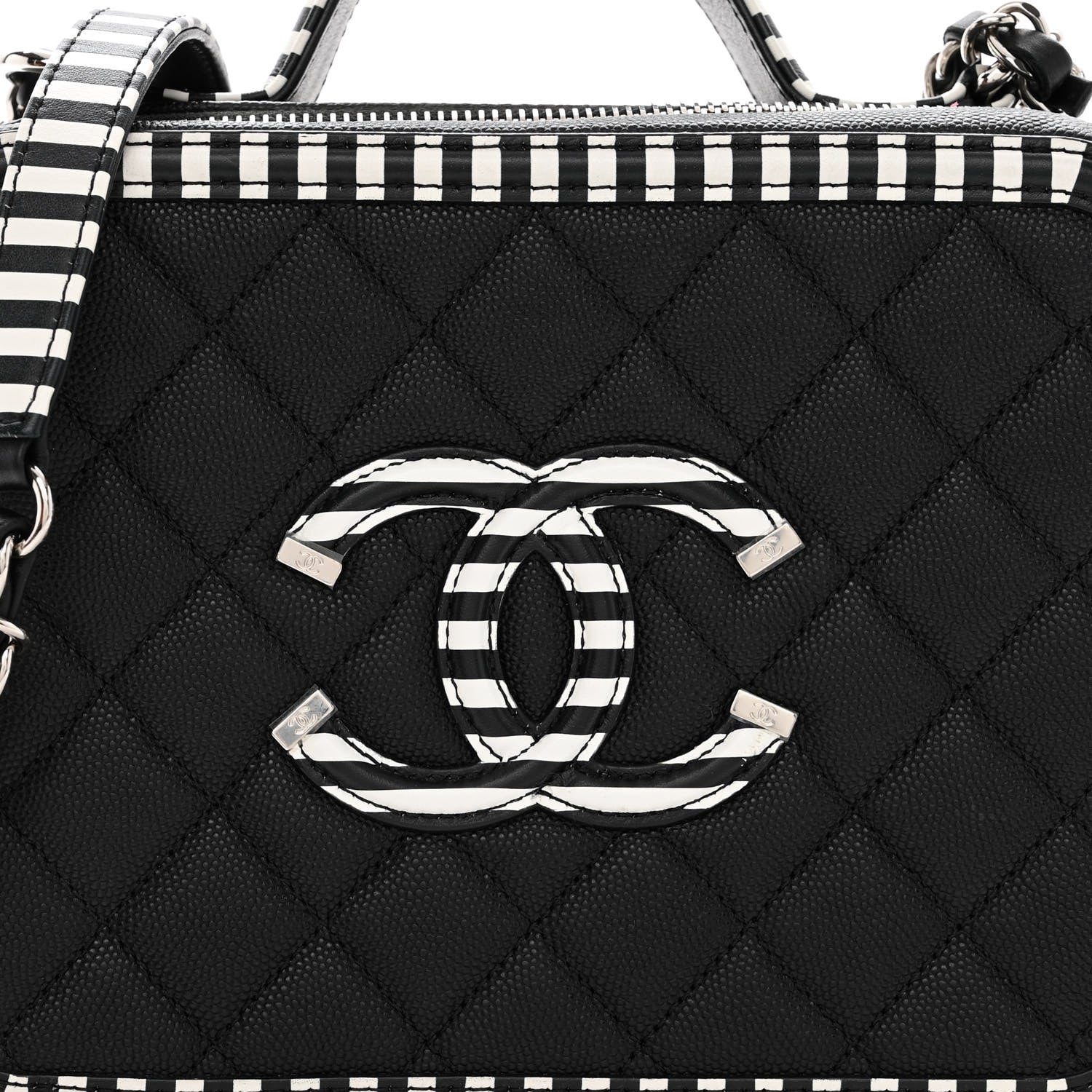 Chanel Caviar Quilted Striped Medium CC Filigree Vanity Case Black White 8 of 10