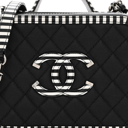 Chanel Caviar Quilted Striped Medium CC Filigree Vanity Case Black White 8 of 10
