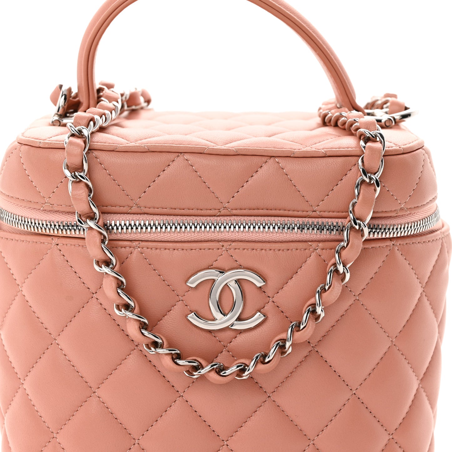 Lambskin Quilted Top Handle Vanity Case With Chain Light Pink