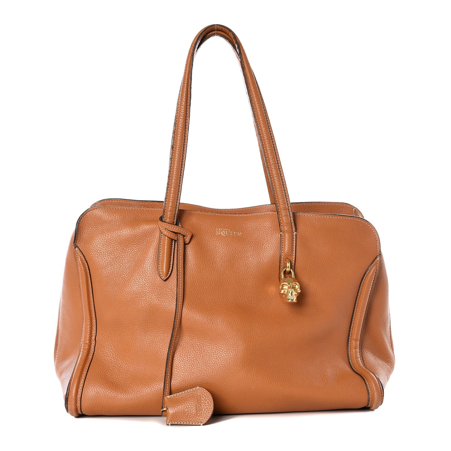 Pebbled Calfskin Large Skull Padlock Zip Around Tote Camel