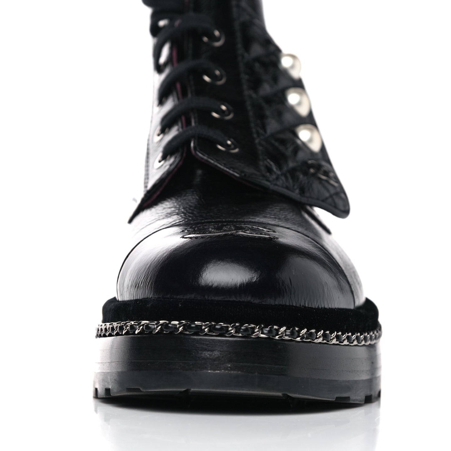 Crackled Calfskin Velvet Pearl Combat Short Boots 38 Black