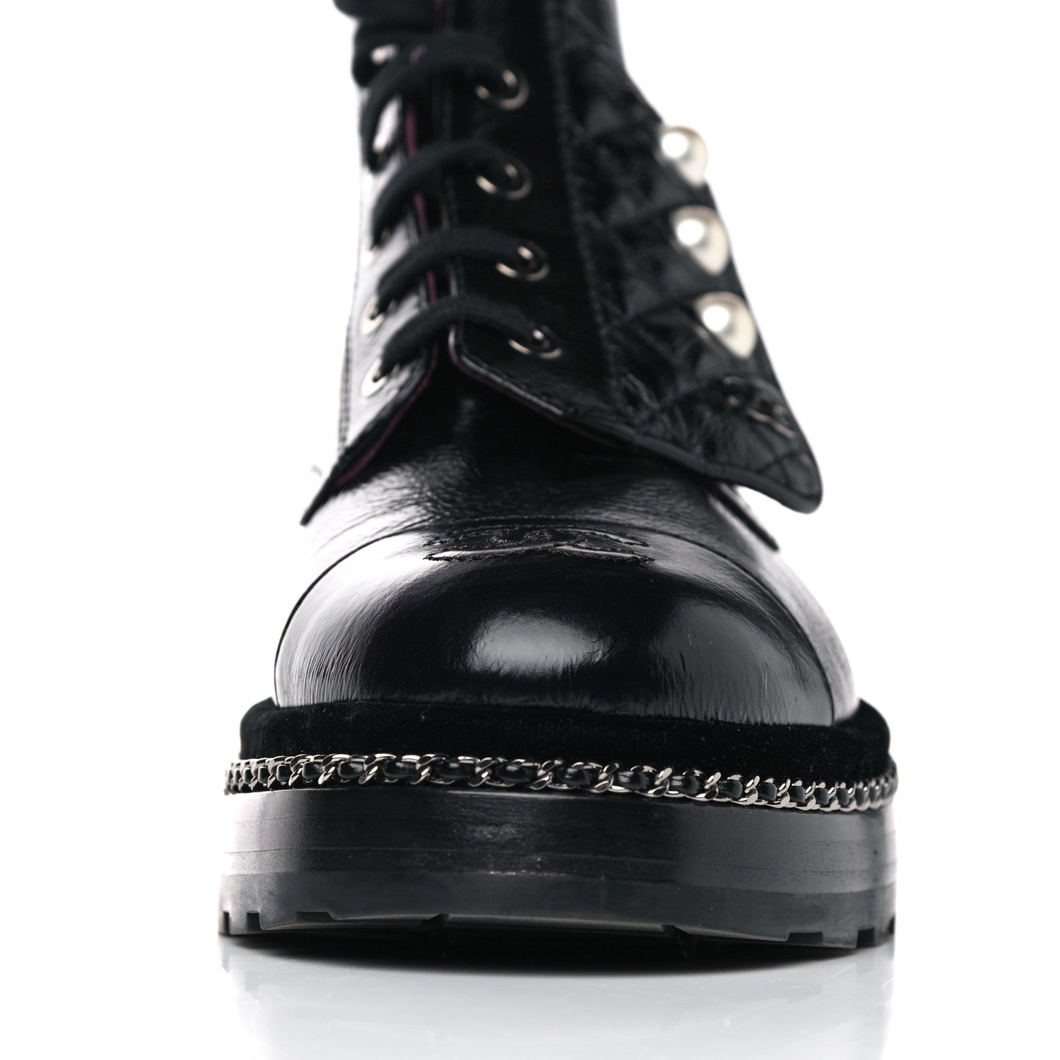 Chanel Crackled Calfskin Velvet Pearl Combat Short Boots 38 Black 9 of 14