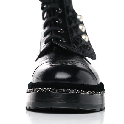 Chanel Crackled Calfskin Velvet Pearl Combat Short Boots 38 Black 9 of 14
