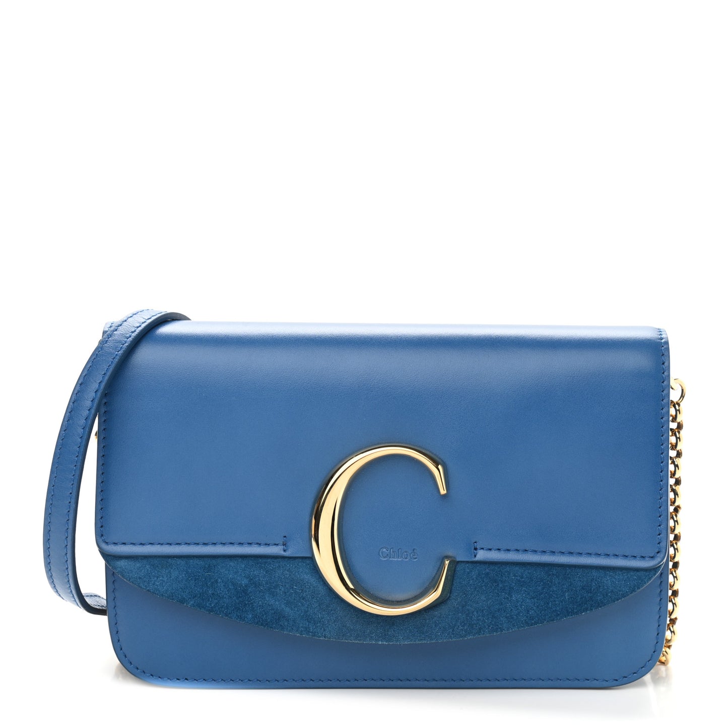 Calfskin Suede C Clutch With Chain Smoky Blue