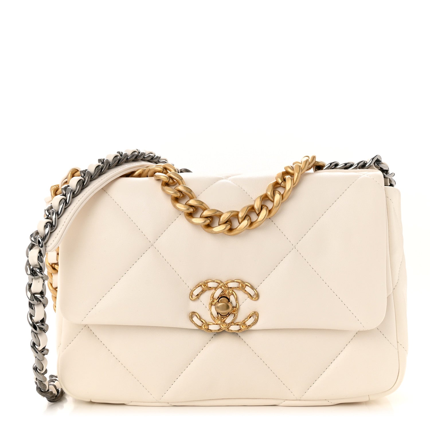 image of CHANEL Goatskin Quilted Medium Chanel 19 Flap in the color White by FASHIONPHILE