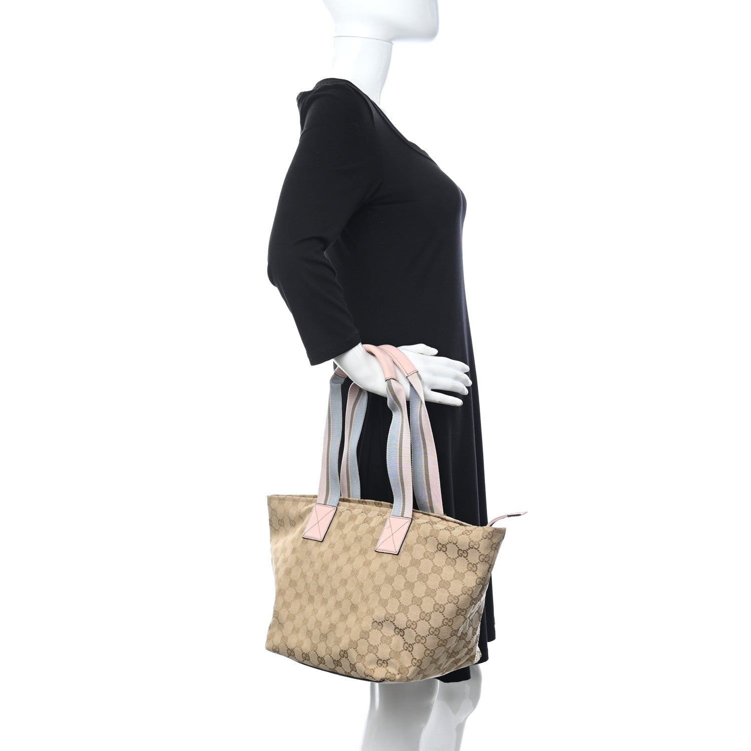 Gucci GG Monogram Medium Web Handle Bucket Tote Pink Blue 2 of 12