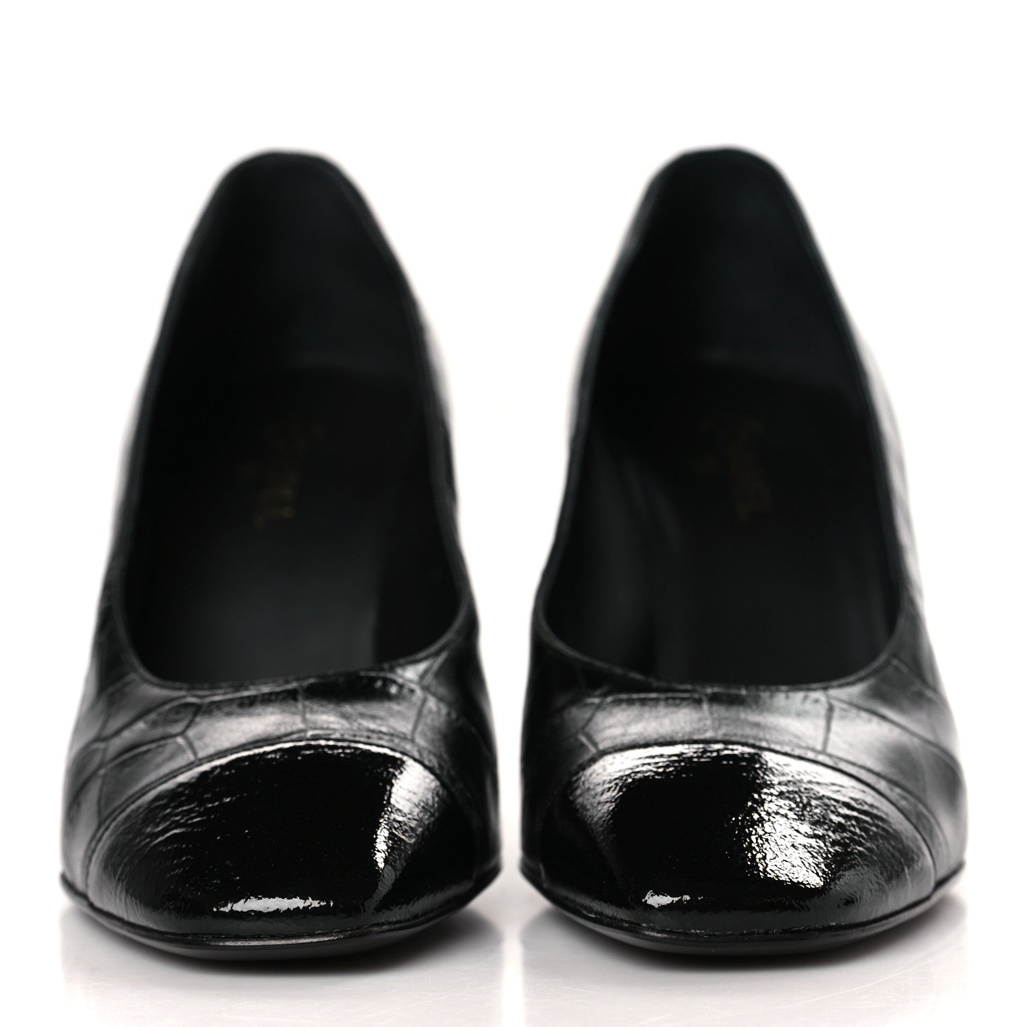 Chanel Crocodile Embossed Crumpled Patent Cap Toe Pumps 39 Black 2 of 10