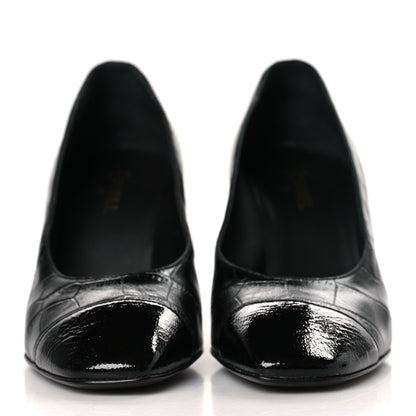 Chanel Crocodile Embossed Crumpled Patent Cap Toe Pumps 39 Black 2 of 10