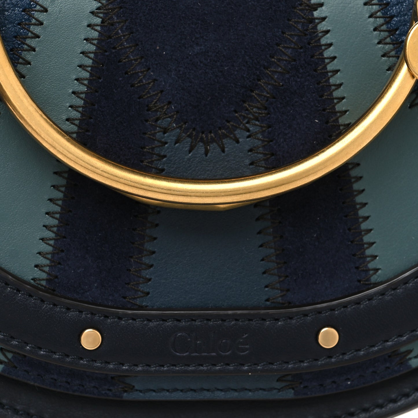 Calfskin Suede Patchwork Small Nile Bracelet Minaudiere Bag Dark Blue