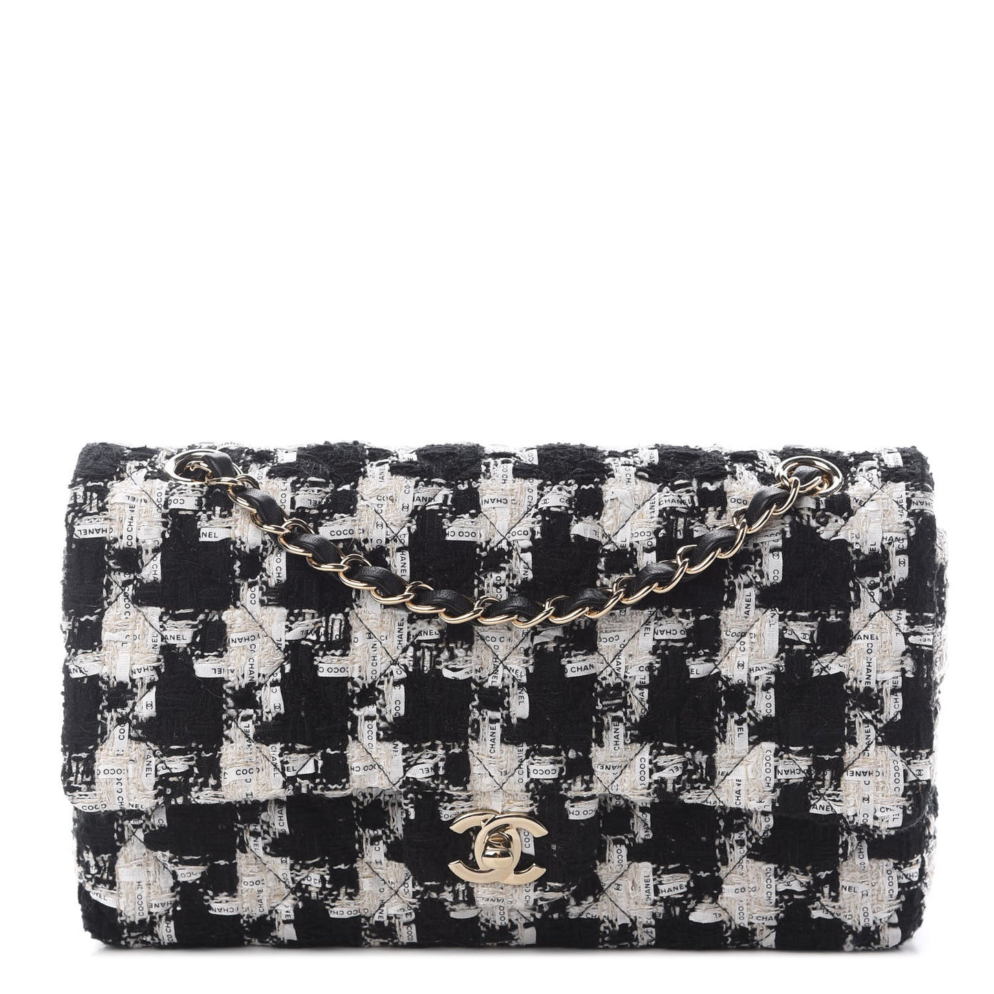 Tweed Quilted Medium Double Flap Black Ecru White