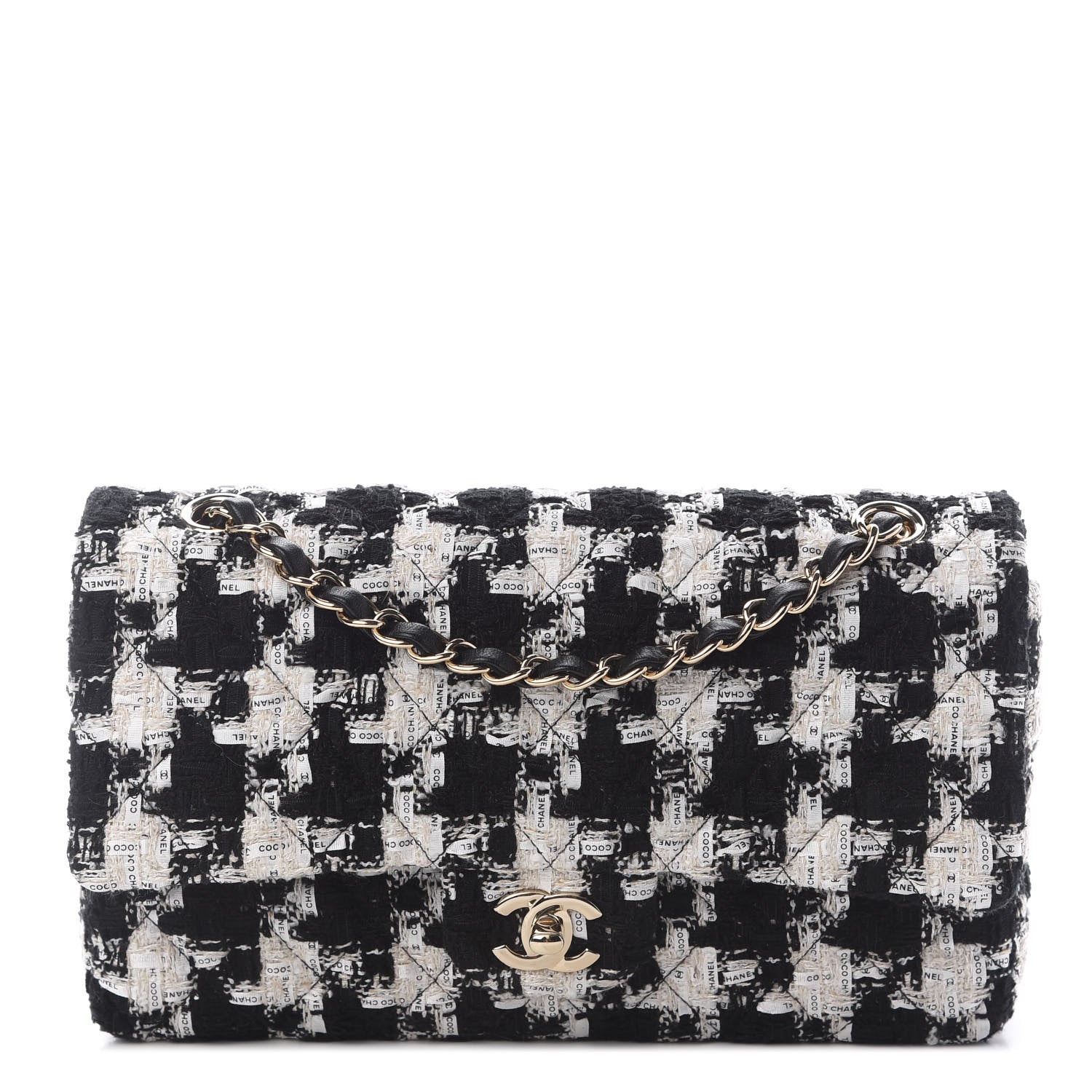 Chanel Tweed Quilted Medium Double Flap Black Ecru White 1 of 12