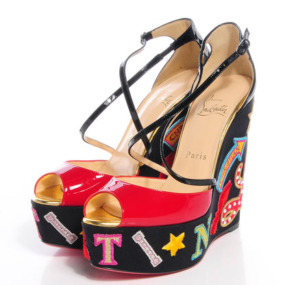 Christian Louboutin Patent Loubi Zeppa 140 Wedges 37.5 Black Red 3 of 6
