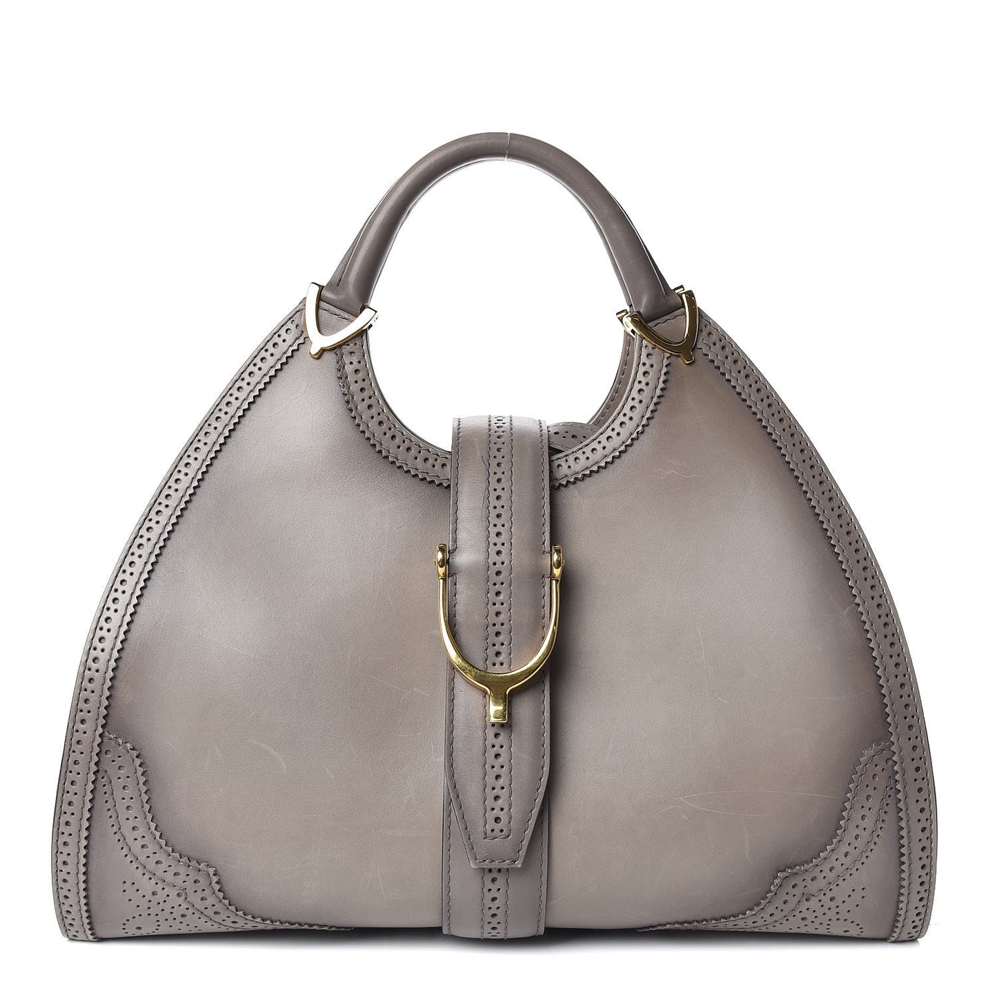 Calfskin Brogue Medium Stirrup Top Handle Bag Grey