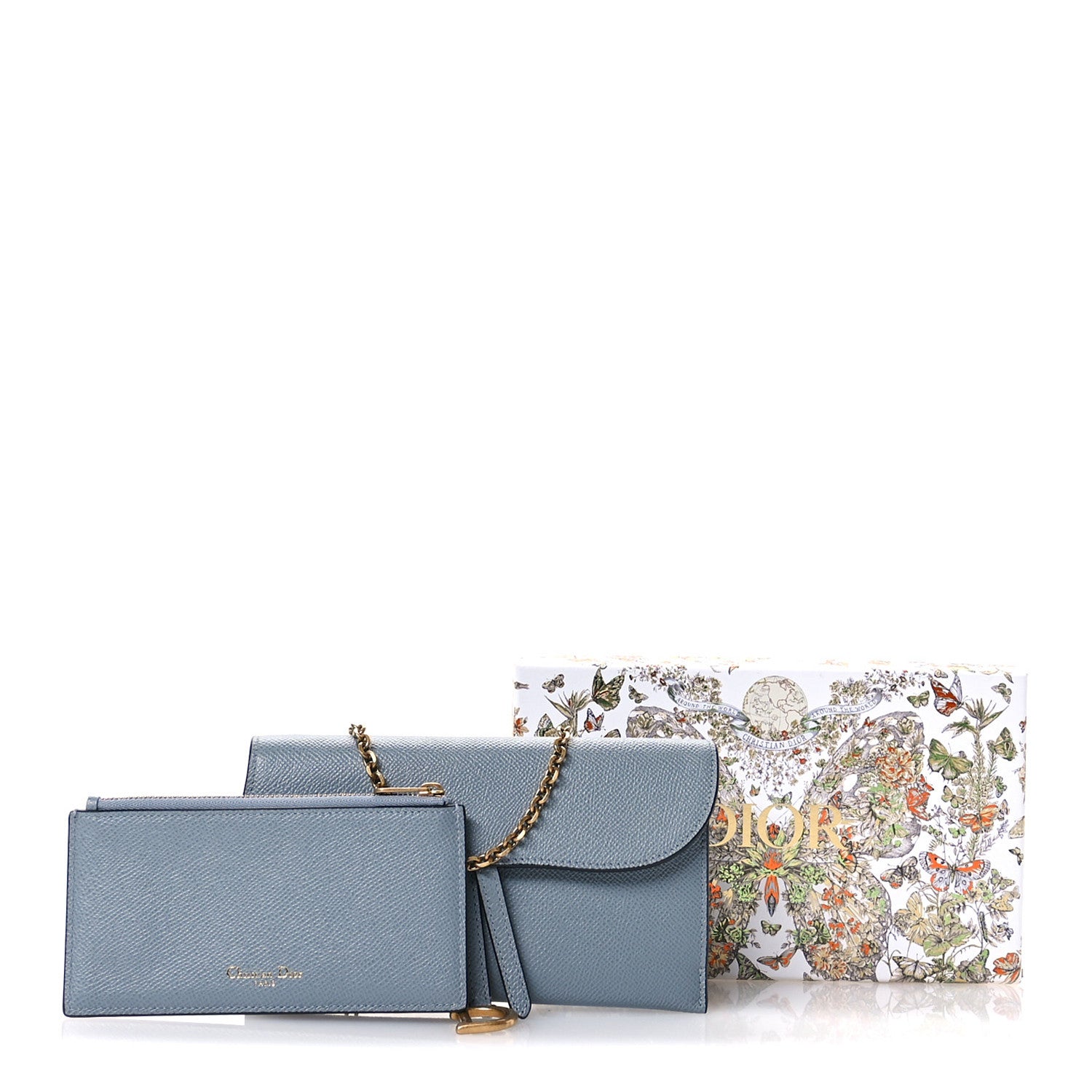 Christian Dior Grained Calfskin Saddle Chain Pouch Cloud Blue
