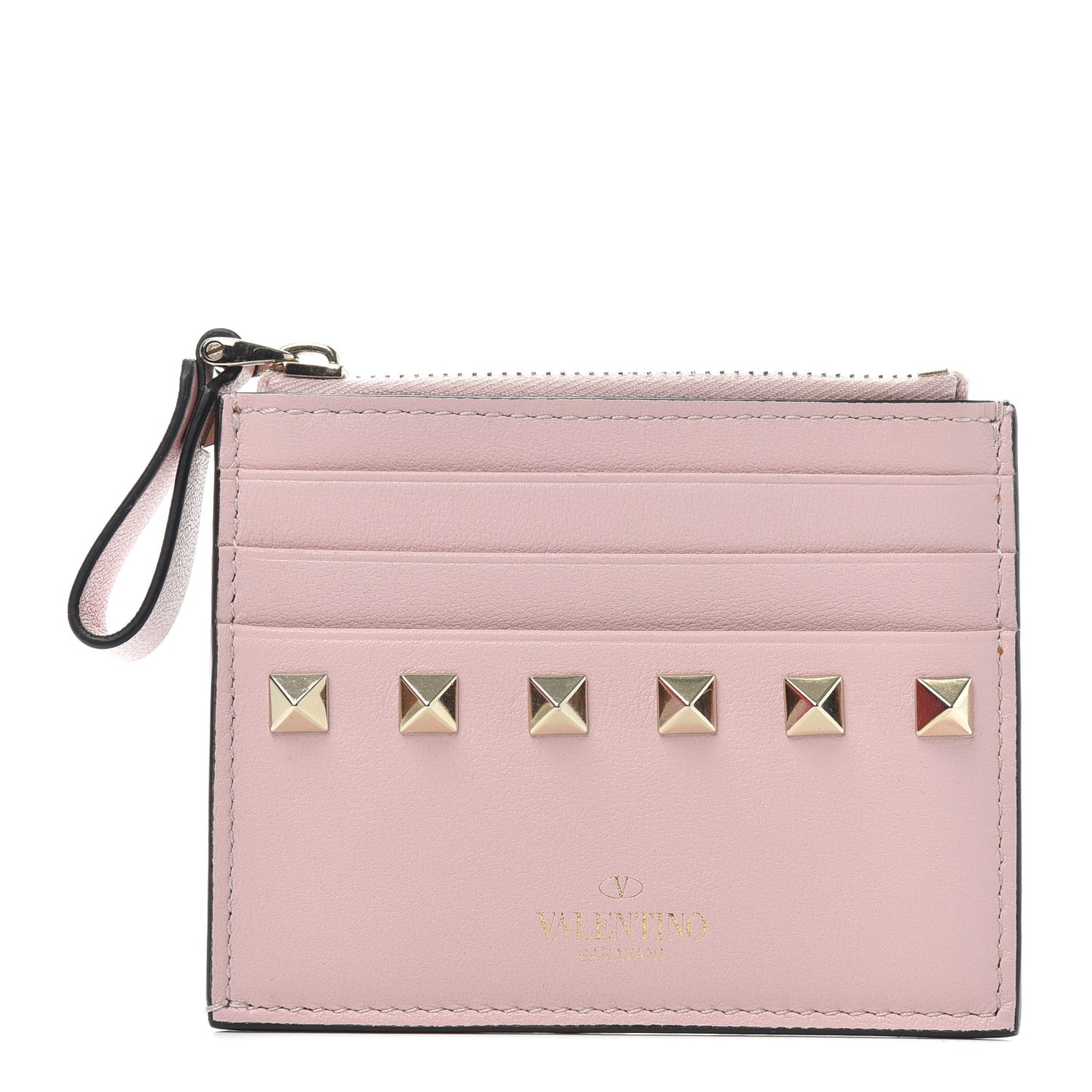 Vitello Rockstud Card Holder With Zipper Light Pink
