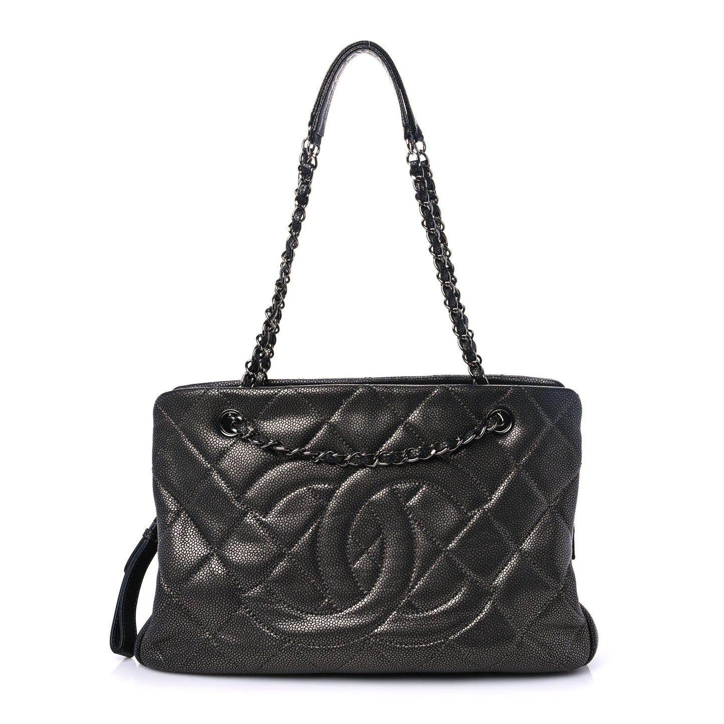 Metallic Caviar Quilted CC Tote Dark Silver